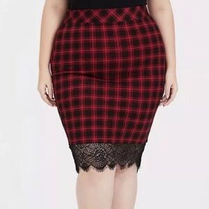 Torrid Plaid Red and Black Skirt with Lace Large